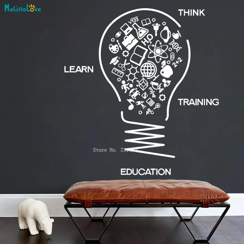 Lightbulb Vinyl Wall Decal Think Learn Training Study School Education Stickers Self-adhesive Quote Art Murals YT4127