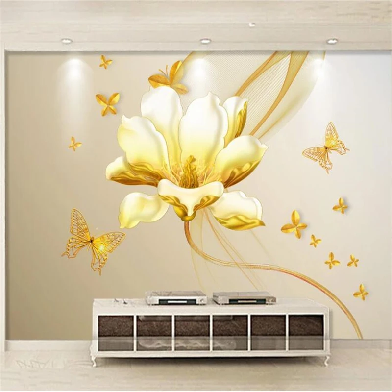 wellyu Custom large-scale mural 3D wallpaper three-dimensional metal relief butterfly Magnolia TV background wall paper