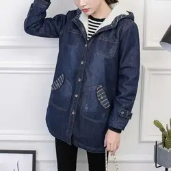 Attractive Denim Coat Skin-friendly Solid Long Sleeve Fleece Women Hooded Jacket for Winter