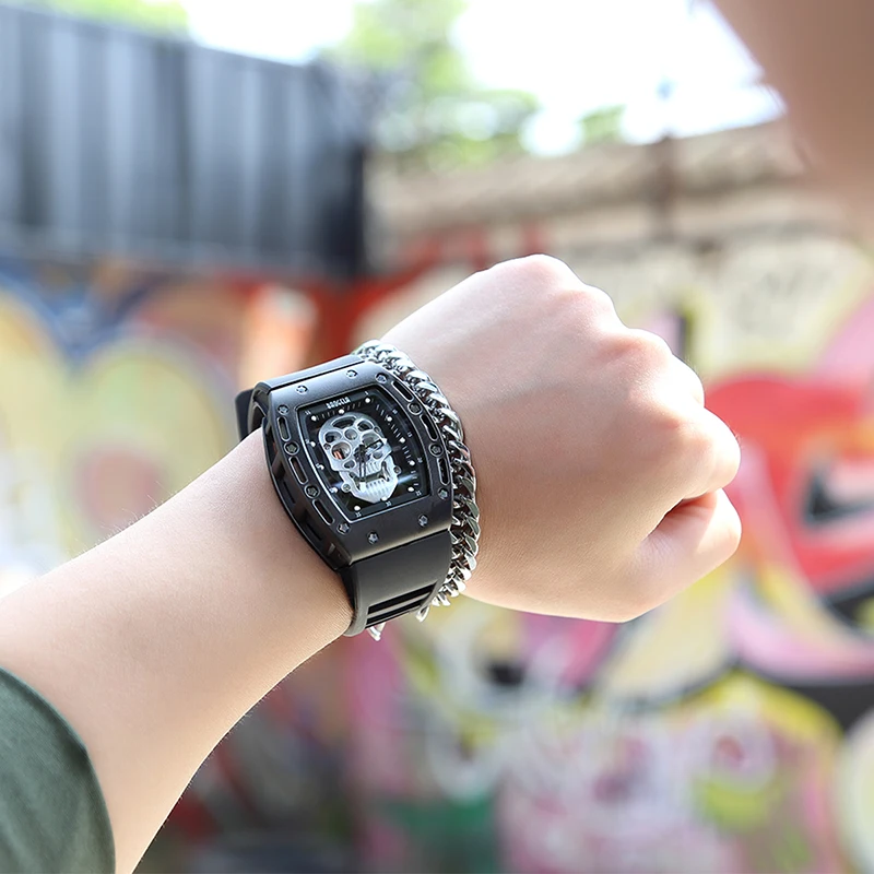 BAOGELA Watch Disk Rectangular Army Skull Bright Black Silicone Bracelet Male Star Waterproof Quartz Watch 1612 Black White