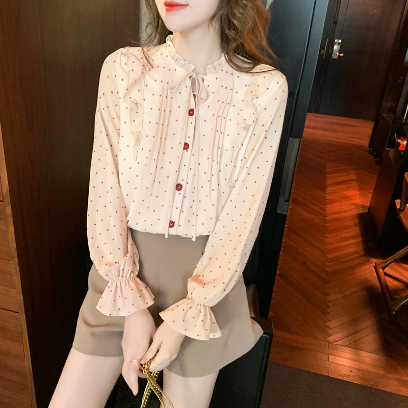 Top Femme 2021 Lente Nieuwe Golf Dot Shirt Koreaanse Mode Vrouwen Chiffon Overhemd Top Kant Stand Kraag Boog Bloemblaadje mouw Blouses