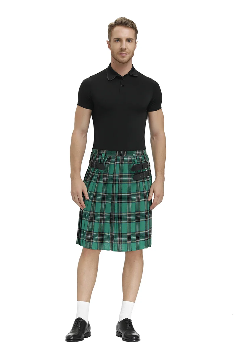 Men's Plaid Pleated Skirt Costume Scottish Traditional Holiday Kilt Stage Performance Skirt Red Blue Green Brown M-XL