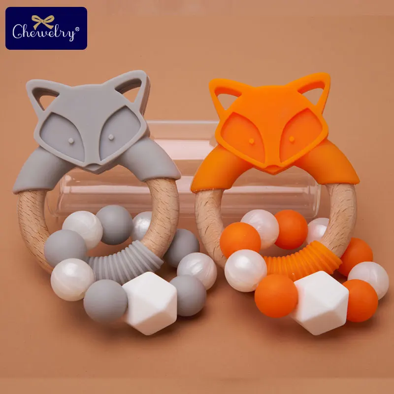 1PC Baby Teether Fox Bracelet Toys Silicone Beads Rodent Beech Wooden Ring DIY Necklace Marbles Teether For Kids Product Toys