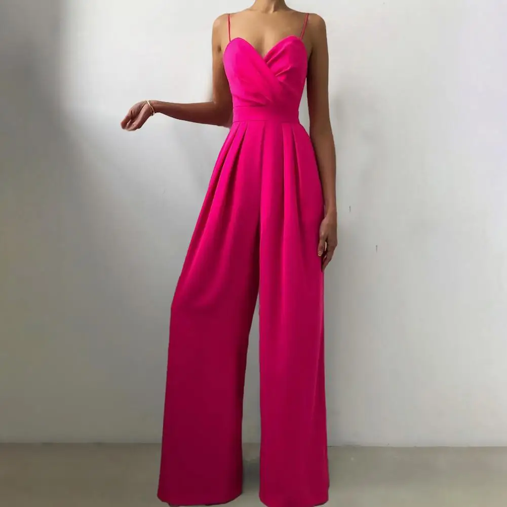 Ladies Jumpsuits Wide Leg High Waist Elegant Deep V Neck Cross Collar Pleated Backless Sling Sleeveless Mopping Long Jumpsuit