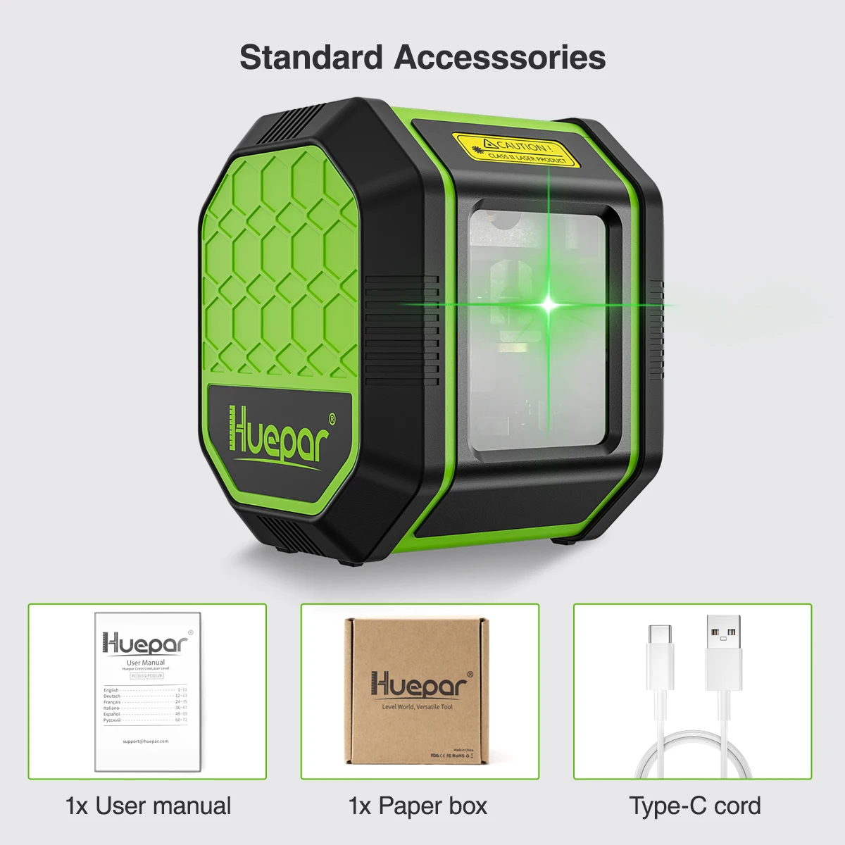 Huepar-Green Beam Osram Laser Level, Bateria Li-ion Recarregável, Linha Cruzada Auto-Nivelante com Tipo-C, 2 Linhas