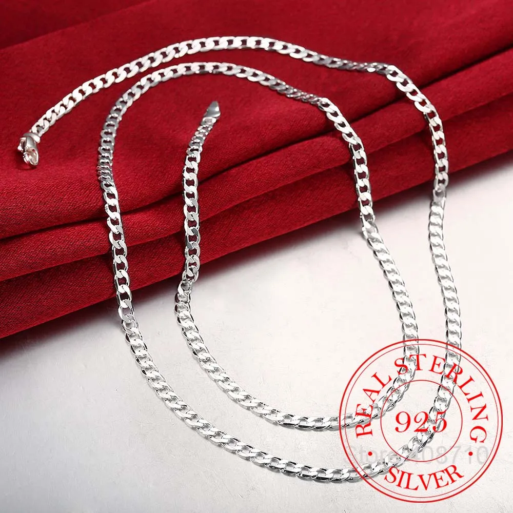 40cm-75cm 4mm 925 Sterling Silver Side Curb Chain Choker Necklace Women Girls Jewelry Colar Collier Collares Mujer Kolye