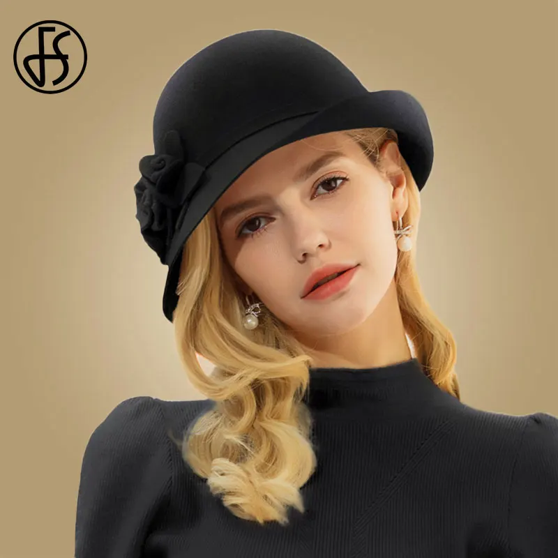 FS 100% Australian Black Wool Felt Fedora Hats For Women Vintage Wide Brim Winter Church Cloche Derby Hat Fedoras Bowler Cap