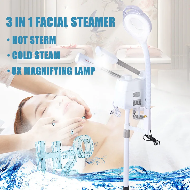 3 in 1 Facial Steamer Hot and Cold Steam with 8X LED Magnifying Lamp Ozone Nano Ionic Humidifier Vaporizer Aromatherapy Mist