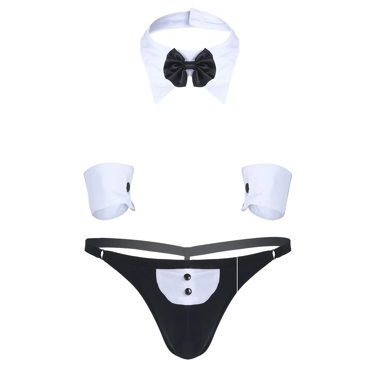 Sexy Mens Waiter Lingerie Set T-Back Tuxedo Costume G-string Thong Jockstraps Gay Male Underwear with Bow Tie Collar Wrist Cuff