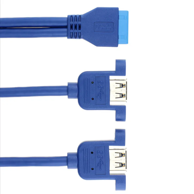 USB 3.0 Dual Ports Female Screw Mount Type to Motherboard 20pin Header Cable Blue 30cm 50cm