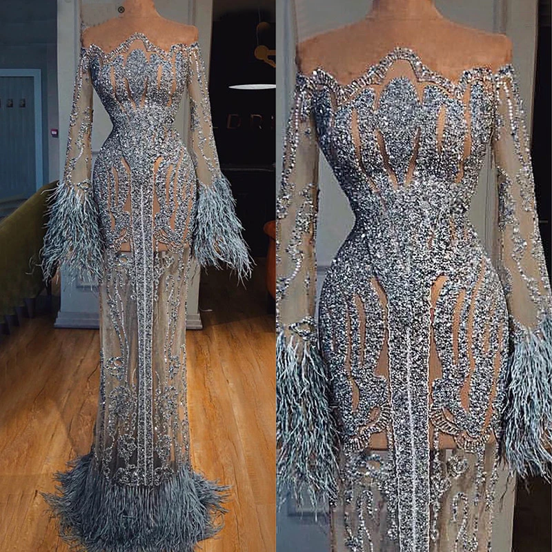 2024 Fashion Mermaid Evening Dresses Jewel Long Sleeves Lace Sequins Feather Prom Gowns Custom Made Sweep Train Party Dress