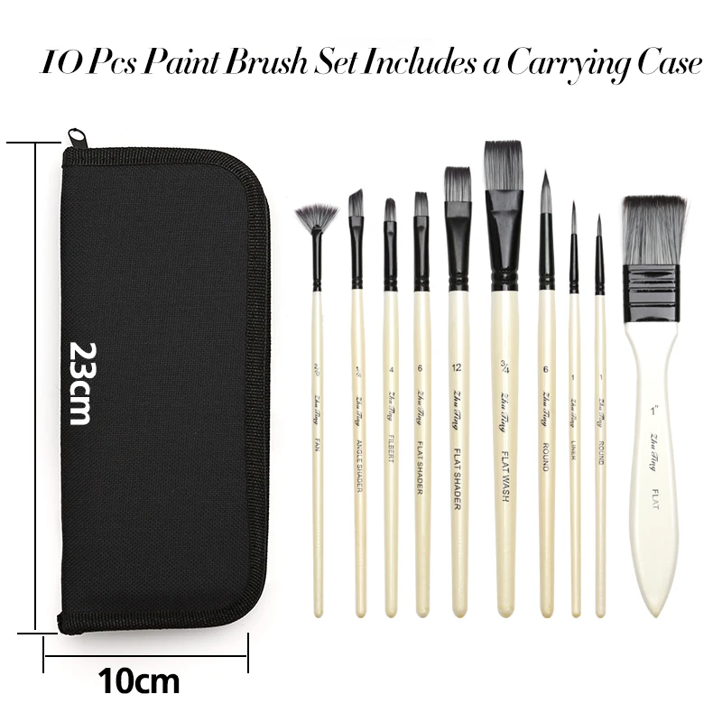 10 Pcs Art Paint Brushes Set Includes Carrying Case, for Kids, Artists, Acrylic, Oil, Watercolor and Gouache Painting