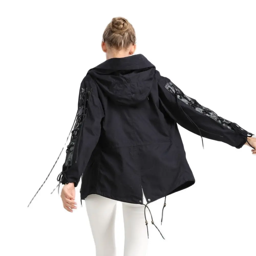 Badge And Beaded Cross Black Parka With Big Hooded For Women Spring Trench Coat Popular Cross Rope Decoration Clothing