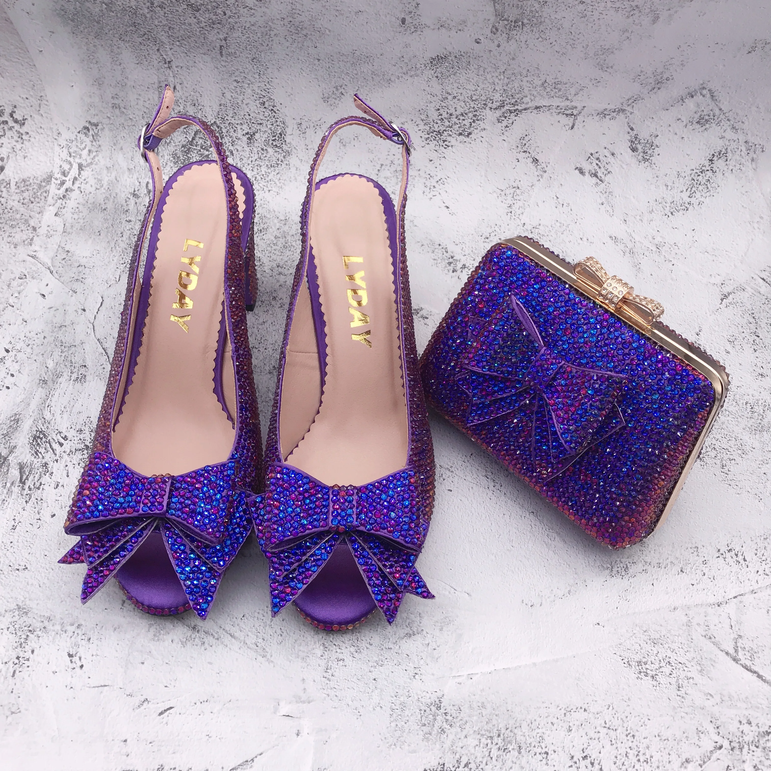 BS1386  Custom Made Women Shoes Dress Pumps  Bridal Wedding Shoes  Multicolor Blue Purple Crystal Shoes With Matching Bag