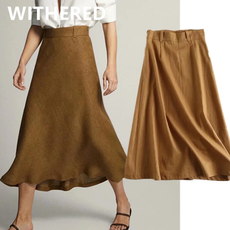 Maxdutti england office lady indie folk simple linen high waist A-line midi skirt faldas mujer moda long skirts womens