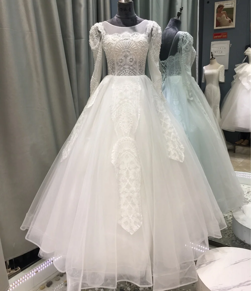 11639 # o-collo manica lunga Tulle lunghezza del pavimento pizzo Applique perline abito da ballo aperto indietro abito da sposa abito da sposa abito da sposa