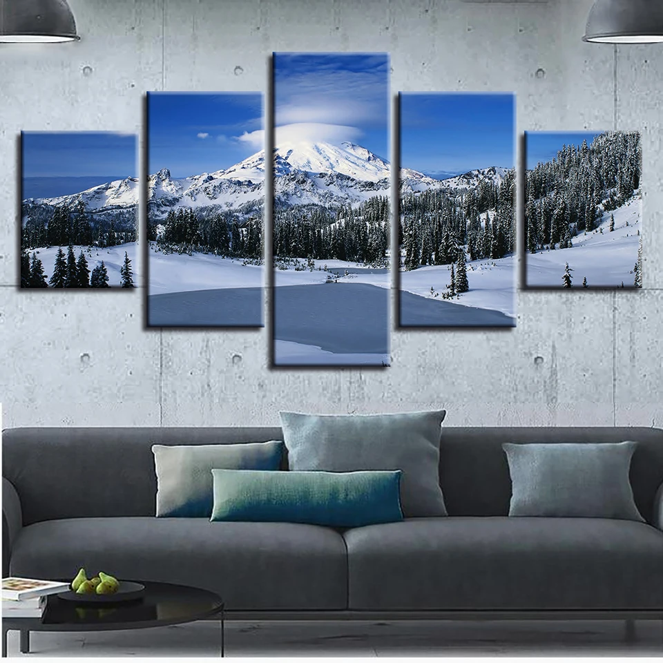 HD Printing Pictures Decor Living Room Wall 5 Pieces Snow Mountain Forest Landscape Canvas Painting Art Modular Poster Framework