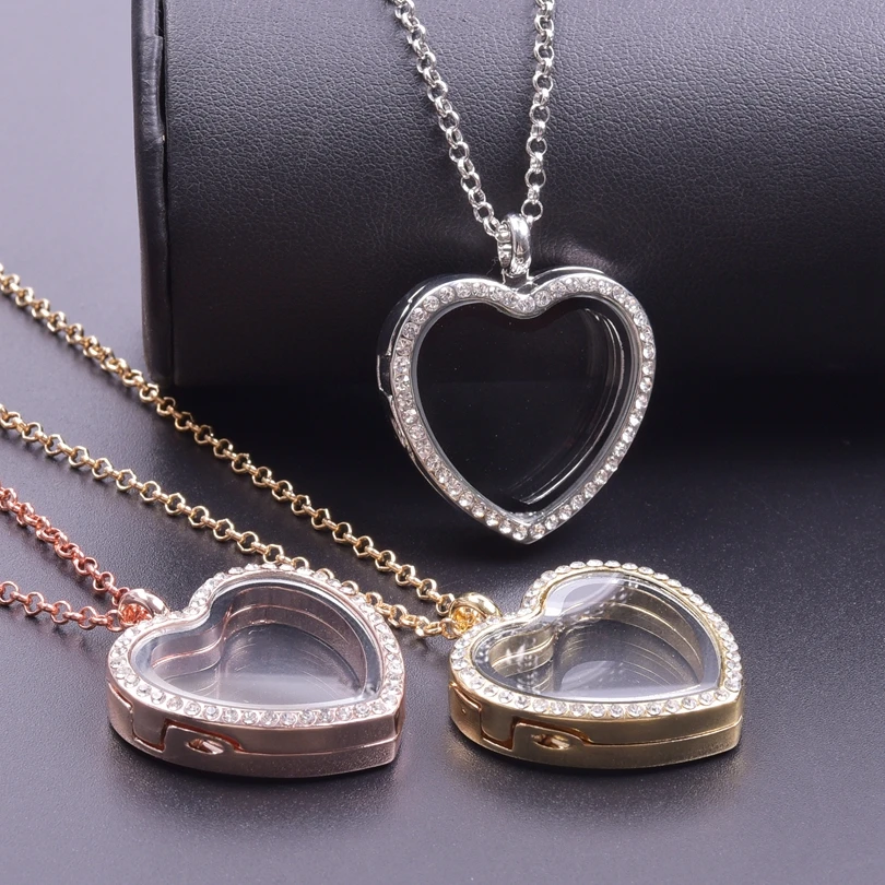 Heart Locket Pendant Necklace For Women Men Accessories Rhinestone Floating Lockets Charm Necklaces Fashion Jewelry Gift 3 Color