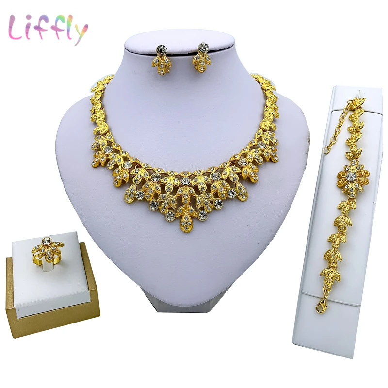 

Liffly Indian Charm Women Fashion Jewelry Sets Necklace Bracelet Earrings Ring Nigeria Party Luxury Jewelry Set