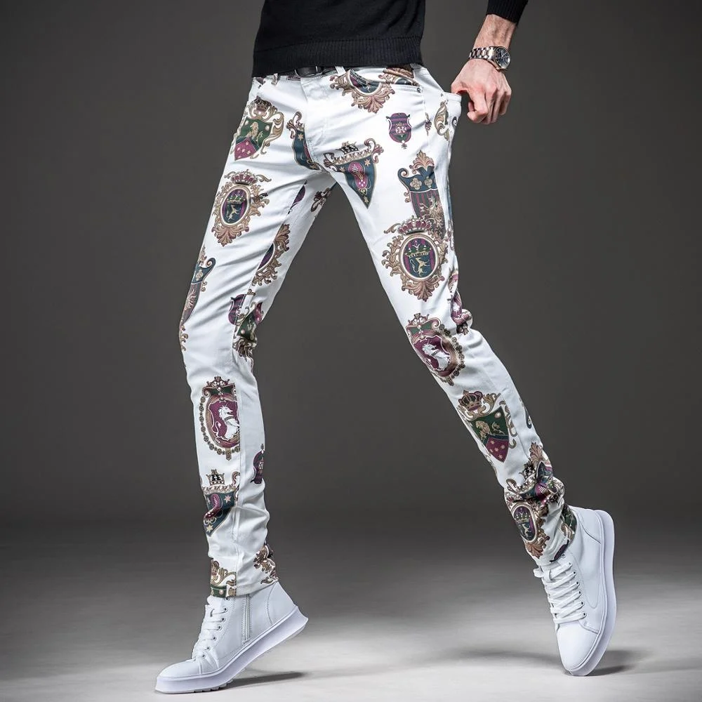 Clássico masculino cavalo leão impresso jeans floral colorido desenho estiramento denim calças de ajuste fino nightclub moda calças