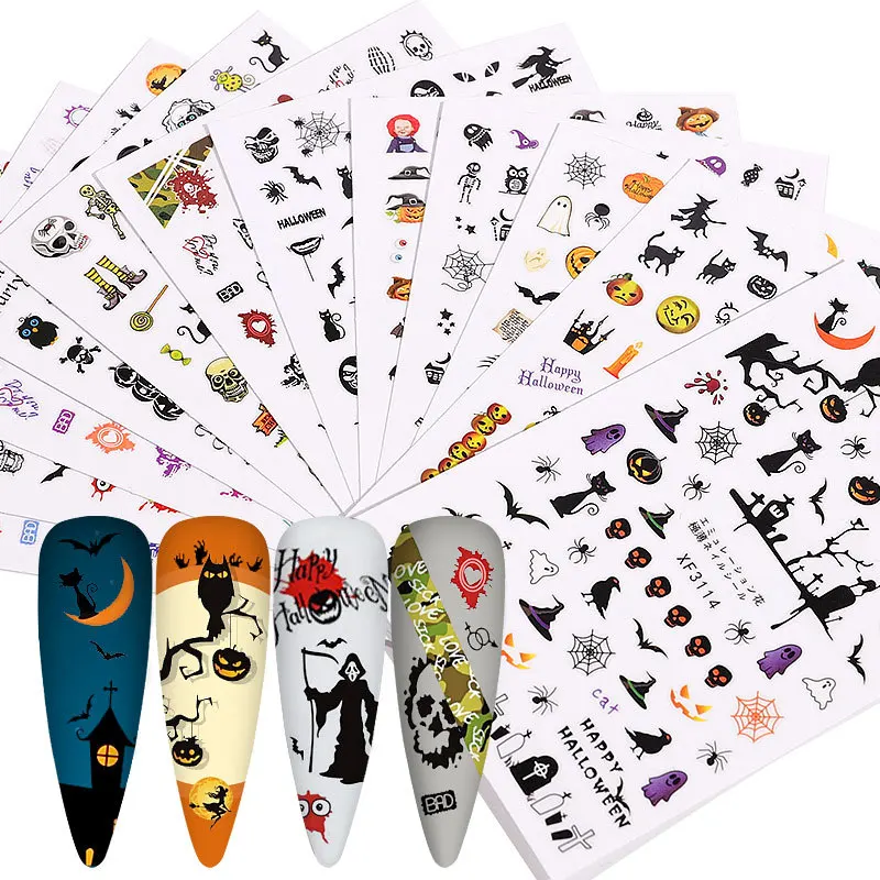 

12PCS INS Various Halloween Devil Pumpkin Skull Elements Water Transfer Nail Art Stickers Decorations Manicure DIY Tips