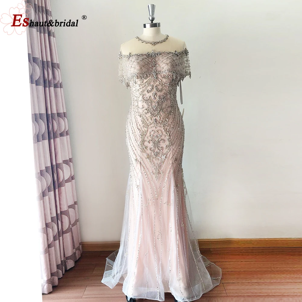 Luxury Mermaid Evening Night Dress for Women 2023 O Neck Beads Crystal Short Sleeves Long Formal Prom Wedding Party Gown