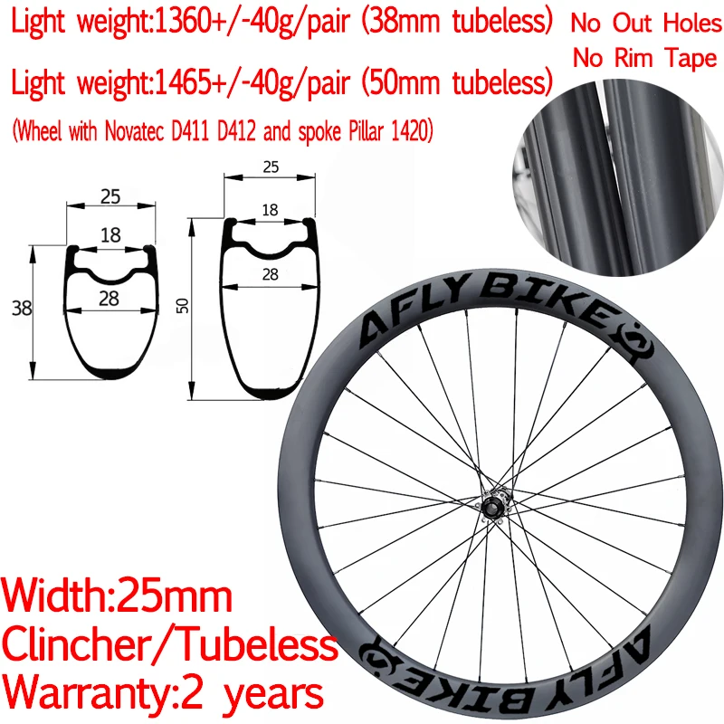 

Super Light AFLY Width 25mm Carbon Road Bike Disc Brake Clincher Tubular Wheel 38/50/60mm Cyclocross Gravel Wheelset Pillar 1420