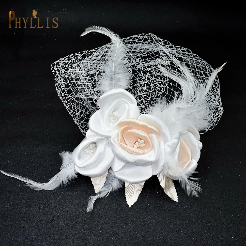 Jm01 nupcial birdcage véu blusher véu pena flor curto véu festa de casamento véu branco fascinator noiva chapéus com véu