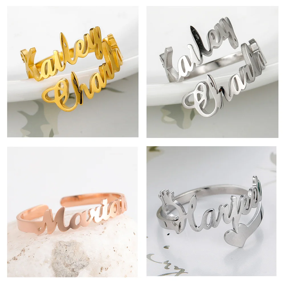 

Custom Double Name Rings Adjustable Gold Color Stainless Steel Personalized Nameplate Family Ring Jewelry Gift for Women