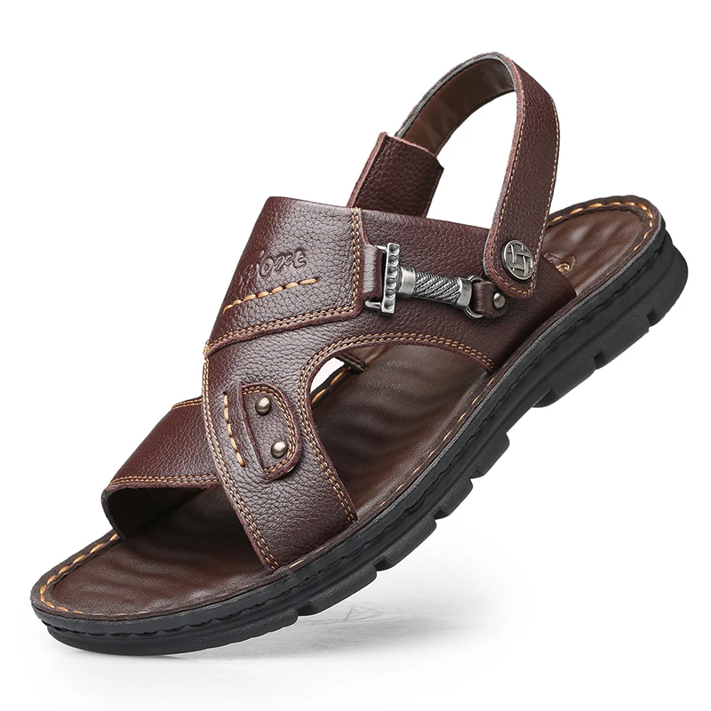 Men\'s sandals Genuine Cow Leather Soft Non-slip Beach Sandals Slippers Wear-Resistant Dual-Purpose Sandals Big size 46 size 47