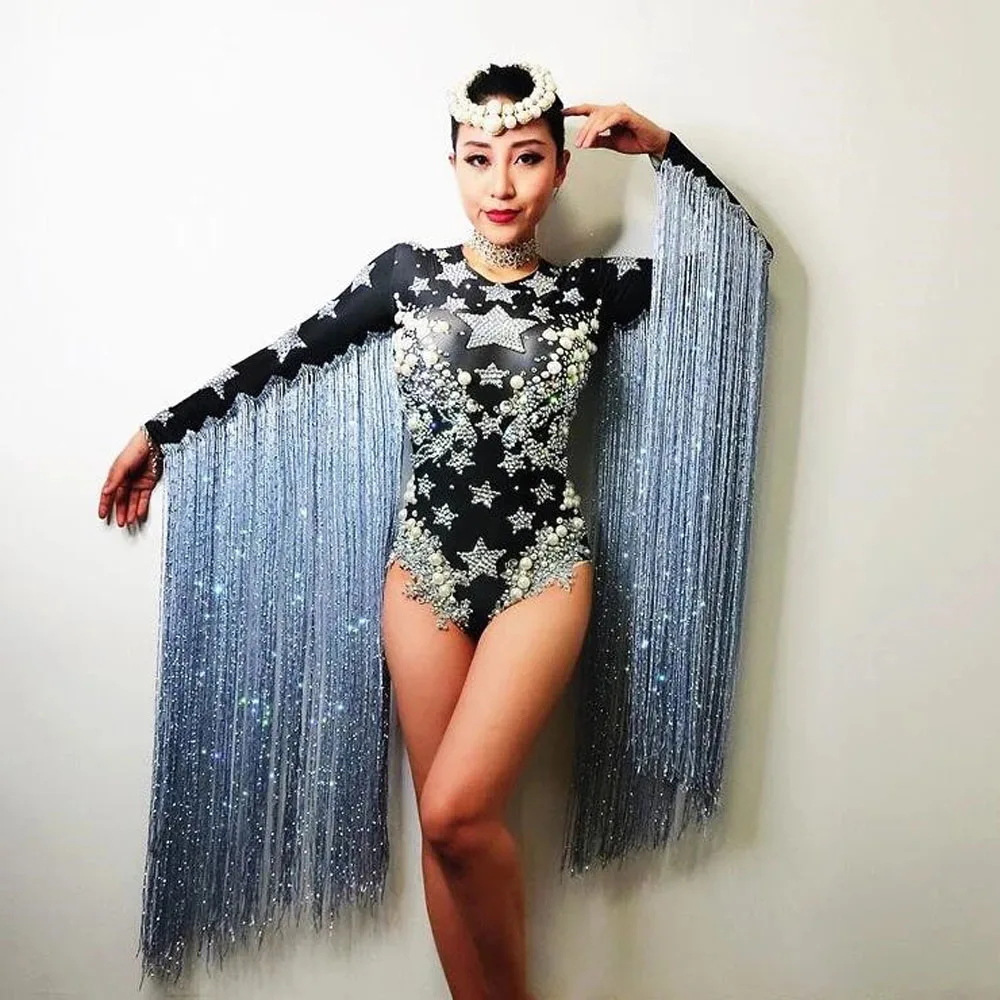 

Gray Tassel Crystal Stars Bodysuit Women Stage Dance fringes Leotard Nightclub Party Female Singer Costume Celebrate Outfit