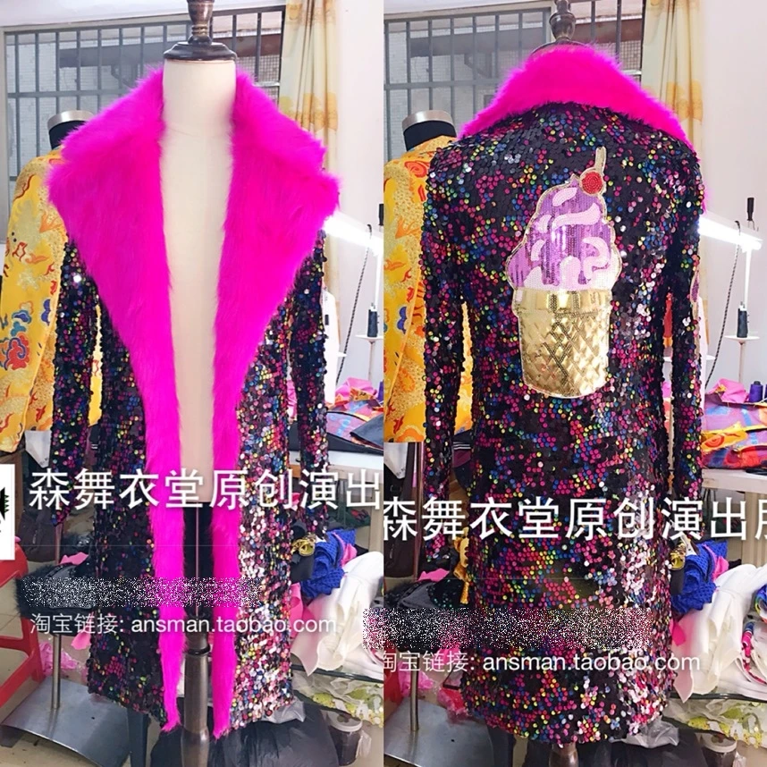 Men's Fluorescent Sequins Long Slim Fur Coat Male Singer Quan Zhilong  Same Style Nightclub Guest Jacket Costume Luxury Design