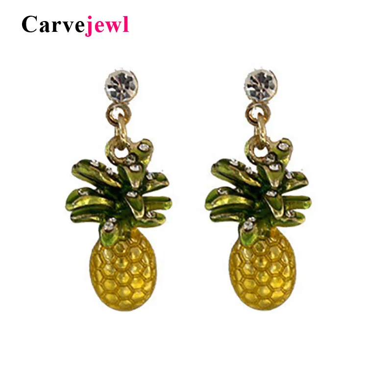 Carvejewl good quality pineapple short drop dangle earrings hand painted vivid enamel glaze crystal rhinestone cute teen jewelry