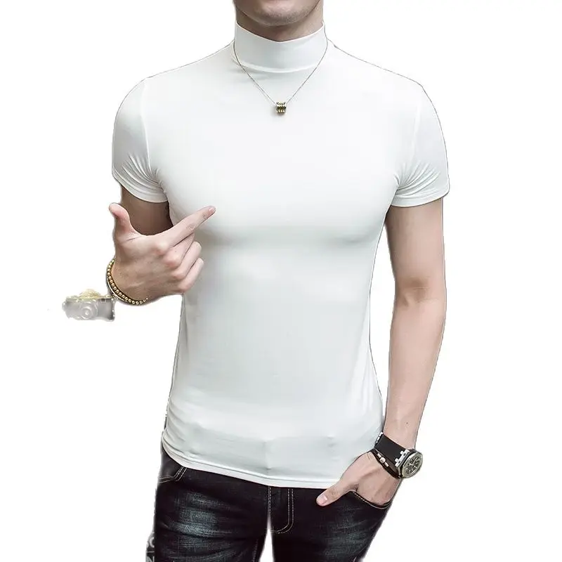 2023 Summer Men Short Sleeve Turtleneck Slim Fit T-shirt Male Solid Black White Tees Shirts Lovers Tshirt