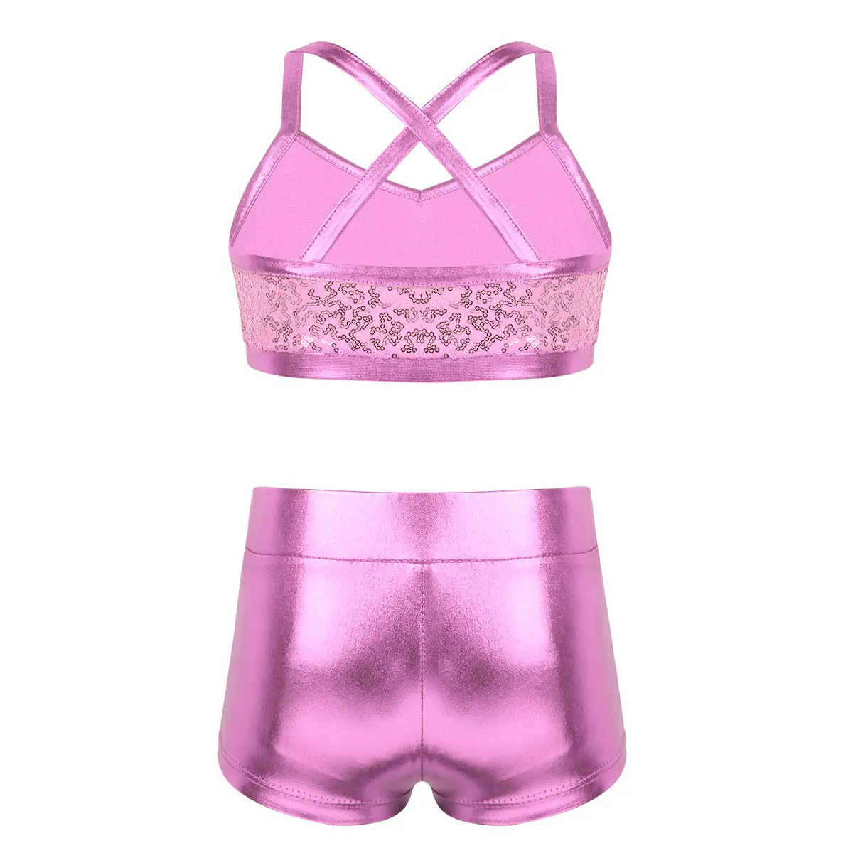 Kids Girls Ballet Dance Clothes Gymnastics Leotard Gym Sports Fitness Workout Tankini Outfit Shiny Sequins Tank Bra Tops Shorts