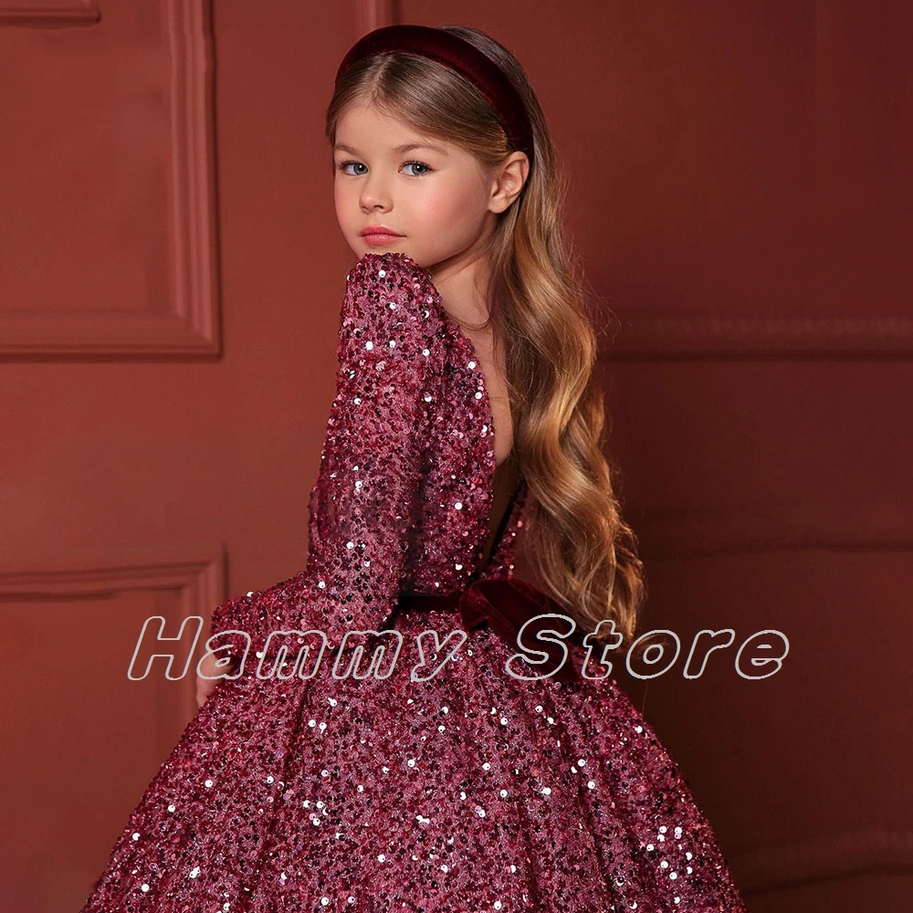 Burgund Pailletten Blume Mädchen Kleid Volle Ärmel Kleines Mädchen Kleider Knie Länge Pageant Kleider Bogen Puffy Erste Kommunion Kleid