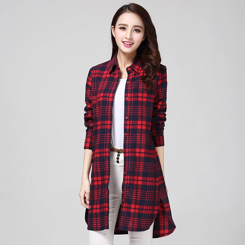 

Oversize XXXL Women Long Tops Shirt Ladies Blouse Turn Down Collar Cotton Long Sleeves Plaid Spring Autumn Shirt England Style