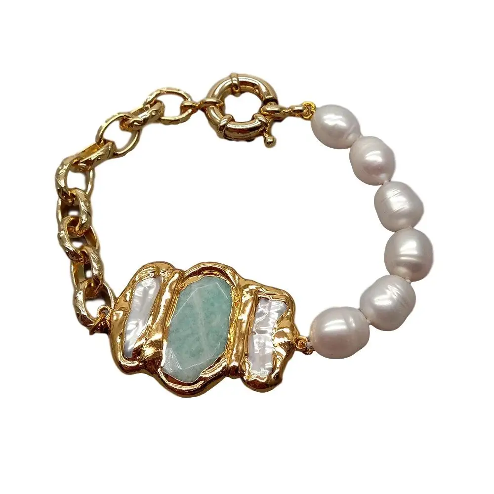 YYGEM Natural White Rice Freshwater Pearl Gold Filled Amazonite Biwa Pearl Chain Bracelet 8' Vintage Style for Women