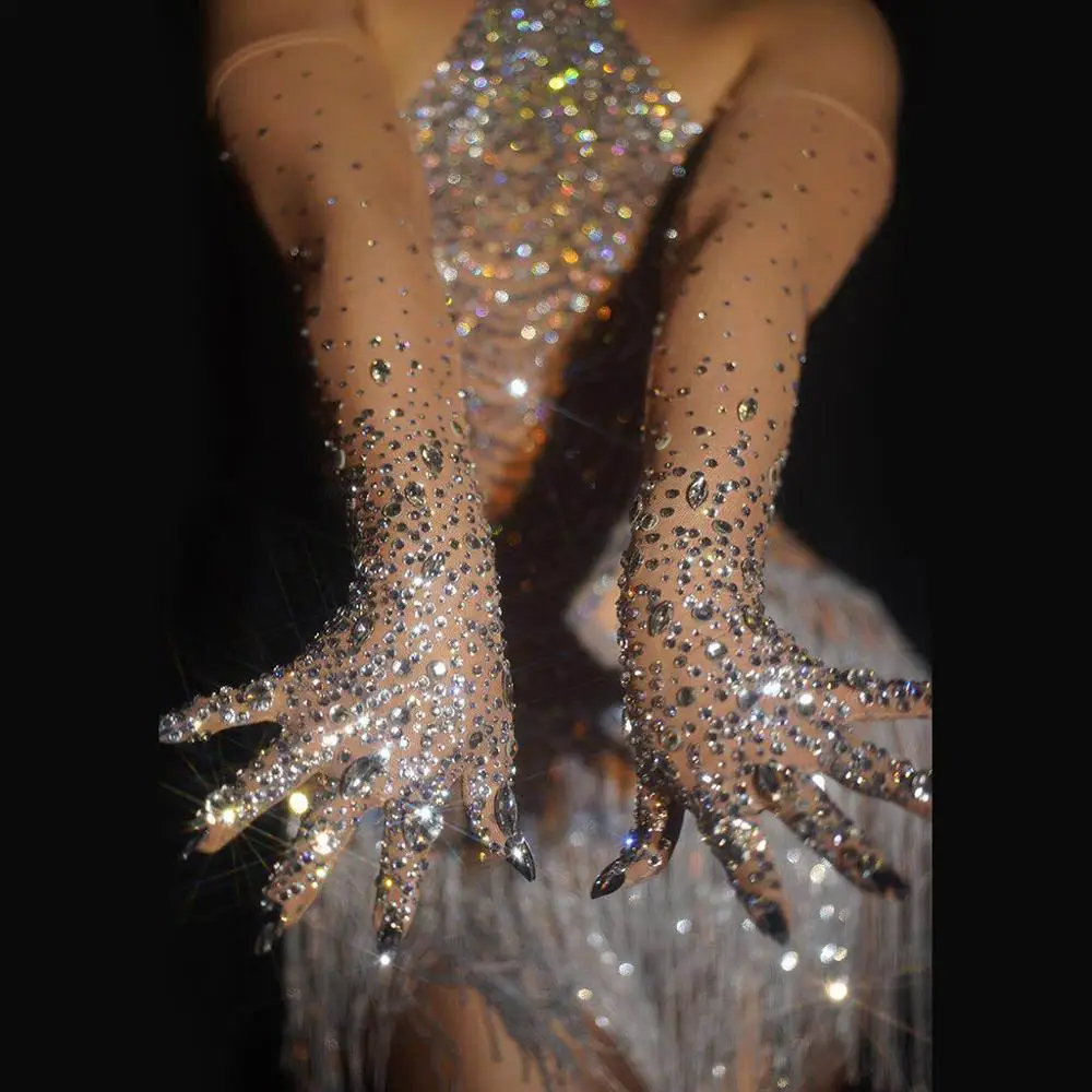 Luxurious Stretch Rhinestones Gloves Women Sparkly Crystal Mesh Long Gloves Dancer Singer Nightclub Dance Stage Show Accessories