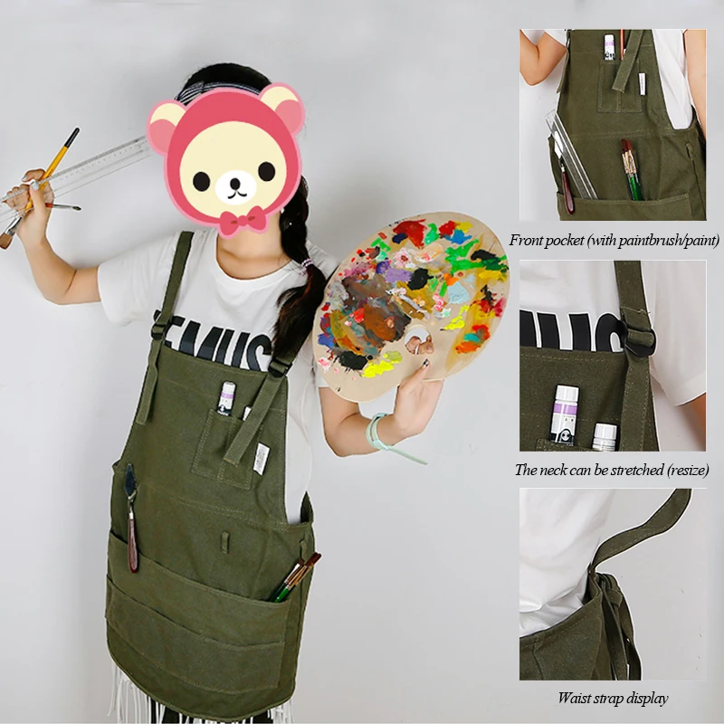 Kuelox Canvas Apron Wear-resistant Anti-fouling For Painting Apron Convenient Pocket Children Adult Art Supplie Khaki/Army Green