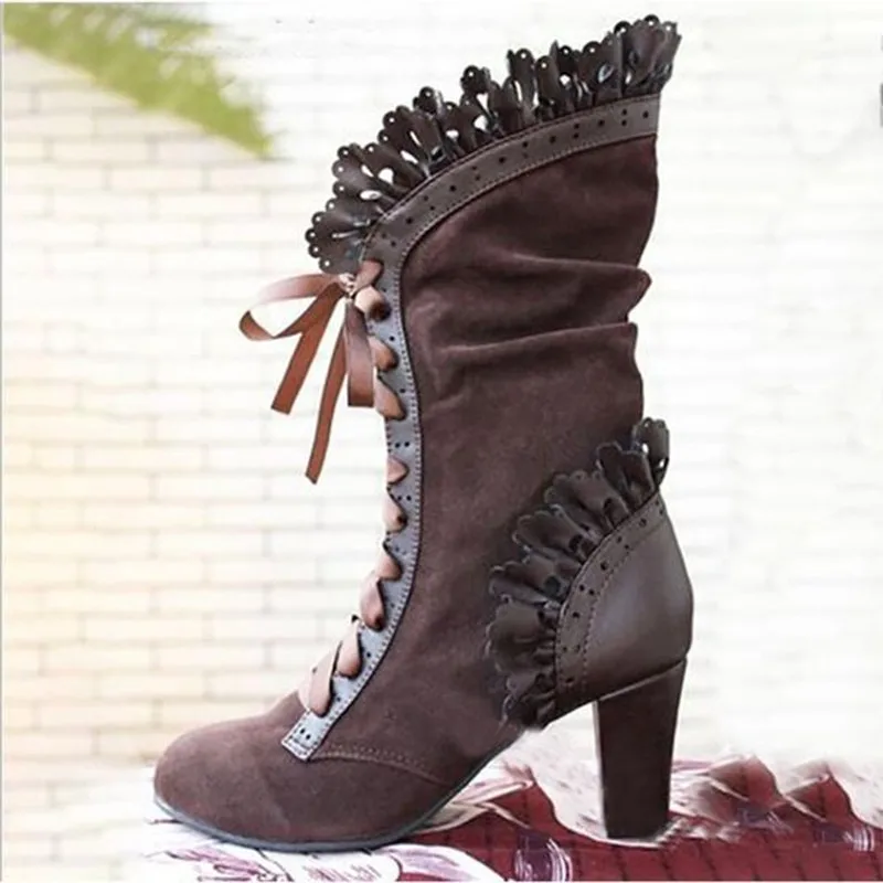 Women's Mid Calf Boots Ladies Lace Up High Heels Female Sexy Shoes Woman Ruffle Flock Retro Boots Women Elegant Footwear