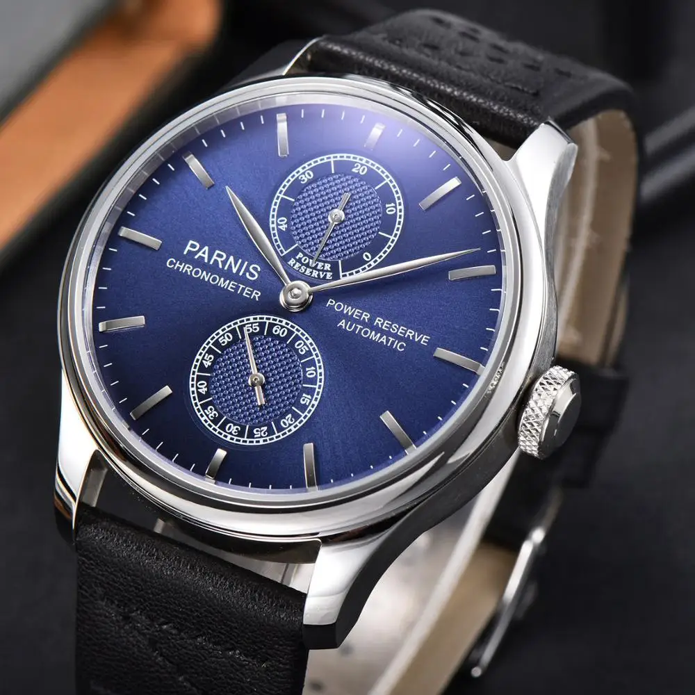 Parnis 43mm Stainless case Blue Dial Automatic Mechanical Mens Watch Luxury Brand Fashion Power Reserve Waterproof Wristwatch