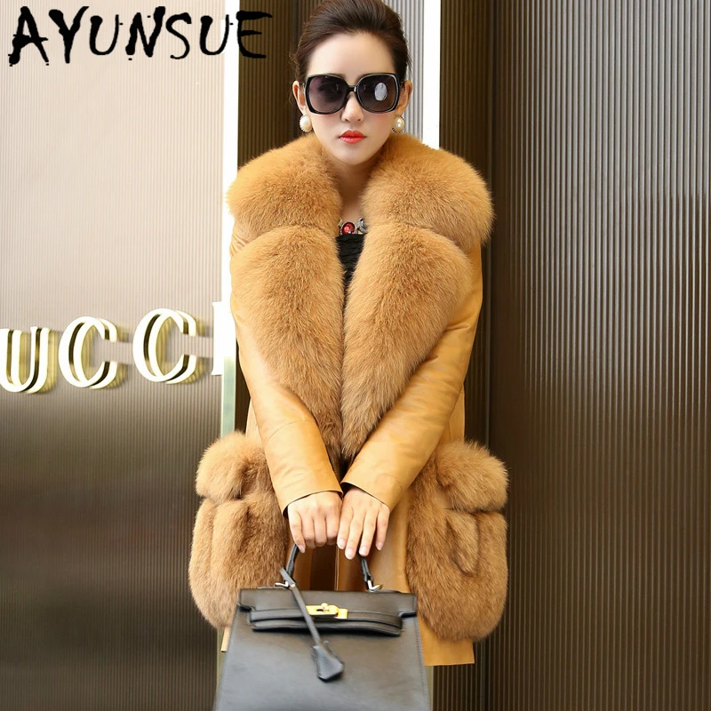 

AYUNSUE 2020 Genuine Leather Jacket Women Winter Down Jacket Real Fox Fur Collar Sheepskin Coat Female Parka Cuero Genuino AM233