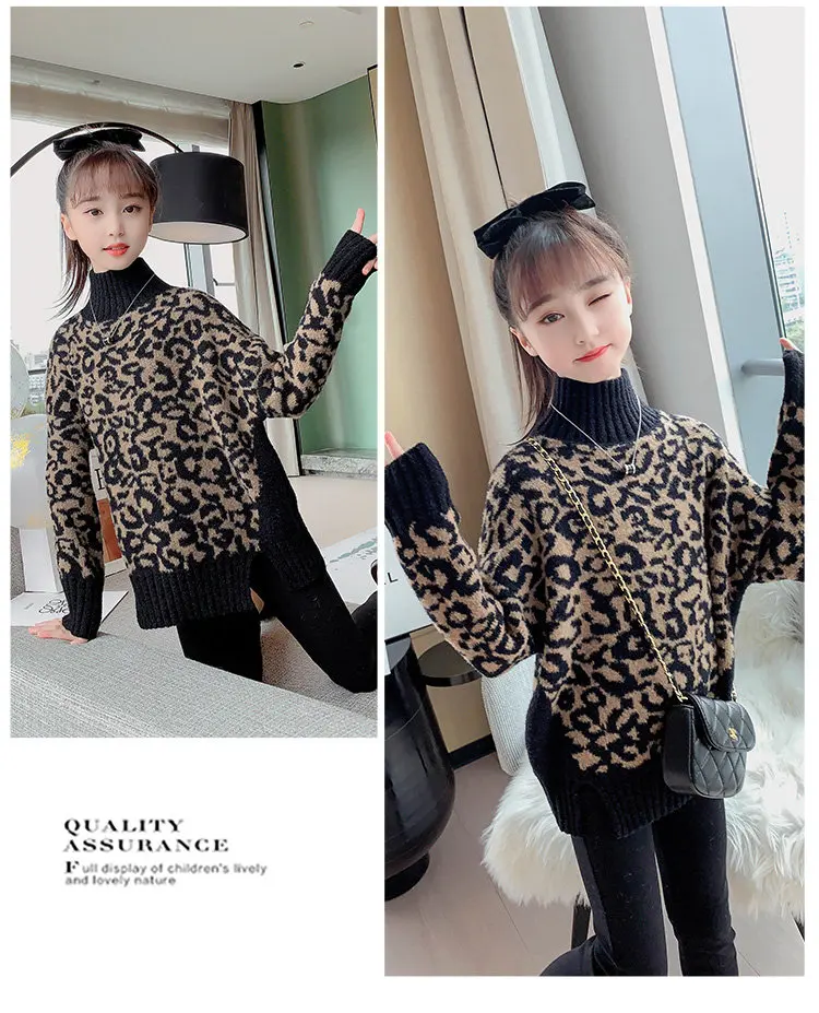 Baby-Mädchen Leopardenmuster Rollkragenpullover Neuer Herbst-Winter Koreanischer Stil Lockerer Strickpullover Oberteil für Kinder 6 8 10 12 13 Jahre – Detail 5