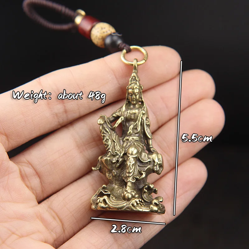 Vintage Brass Guan Yin Buddha Figurines Lanyard Pendant For Keychain Jewelry Car Key Chain Ring Hanging DIY Keyrings Accessories