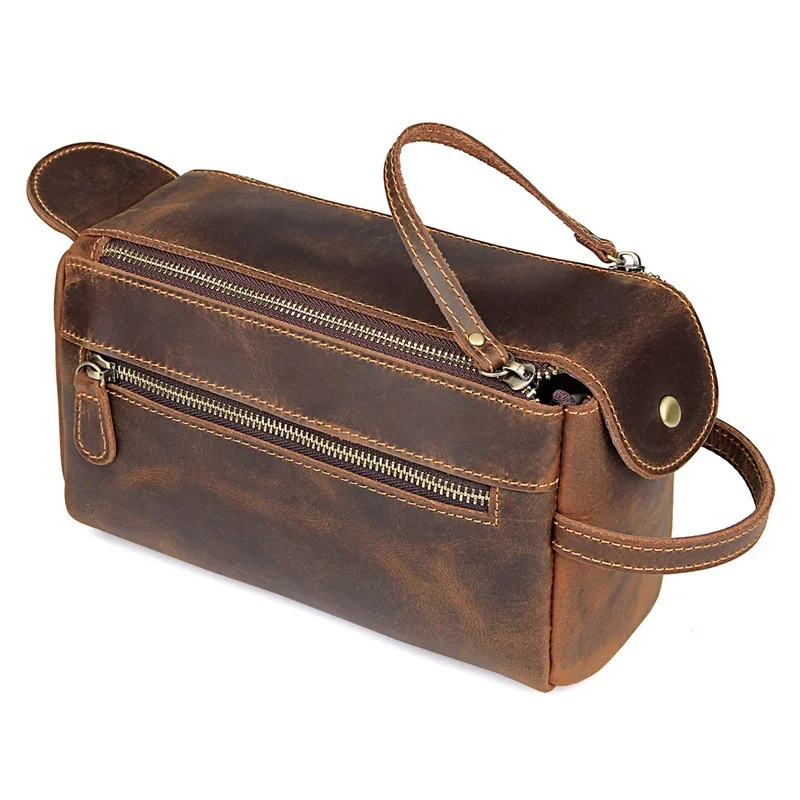 Genuine Leather Men Causal Wash Bag Cosmetic Case Large Toiletry Bags