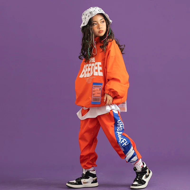 Children Hip Hop Dance Costumes For Kids Orange Jacket Hiphop Suit Girls Jazz Street Dance Wear Outfits Rave Clothes DQS6668