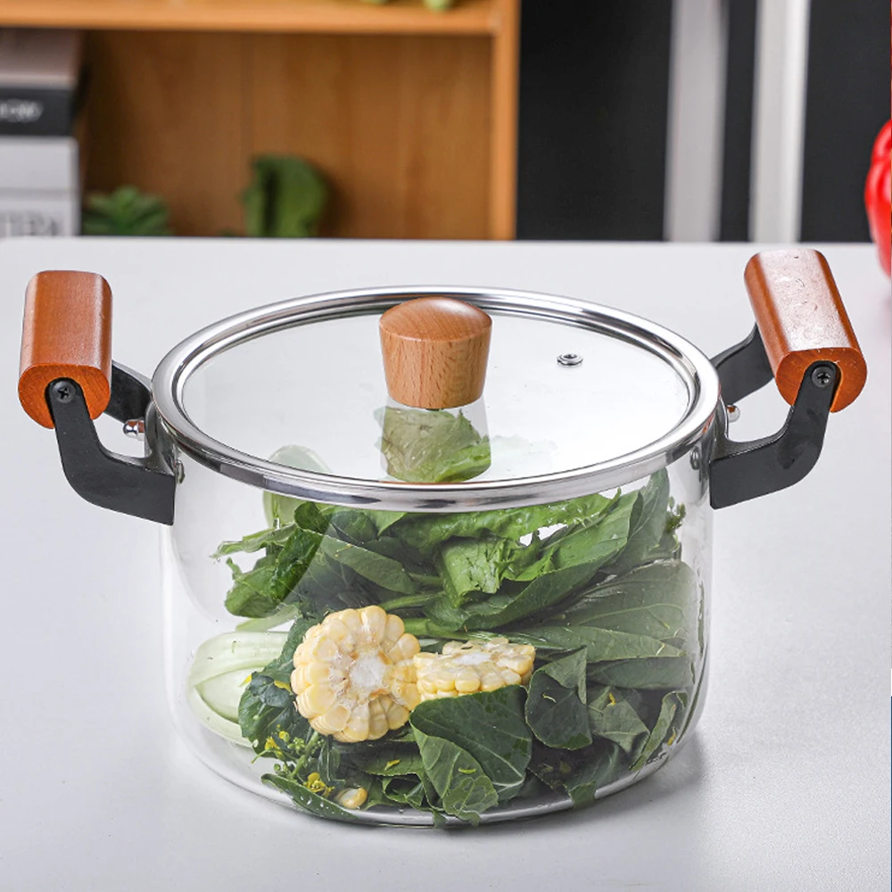 High Temperature Resistant Transparent Lid With Wooden Handle Stock Pot With Large Capacity Open Flame Heating Glass Double Ear