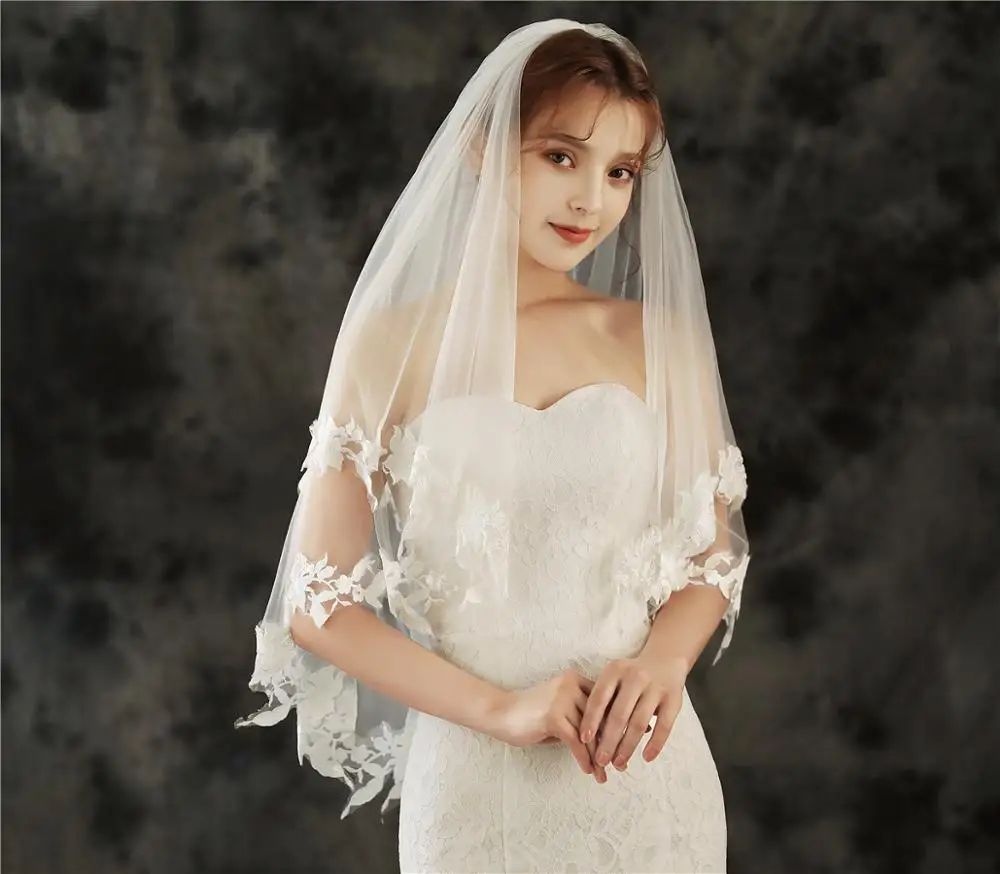 2ชั้นงานแต่งงานVeil Ivory Lace Appliquesอุปกรณ์จัดงานแต่งงานCasamentoในสต็อกเจ้าสาวVoile Mariee