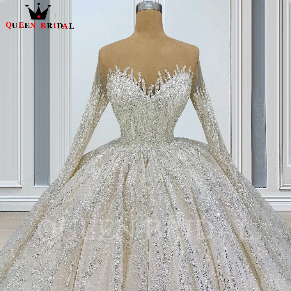 Luxury Ball Gown Puffy Long Sleeve Wedding Dresses Sequin Tulle Crystal Beaded 2023 New Real Bridal Gown Custom Made JT41